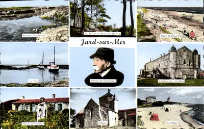 Jard-sur-Mer — vista panorâmica com Rochers Saint-Nicolas, Le Bois e o Moulin de Bellevue, Praia de Bois-Vinet, O Porto, Retrato de Clemenceau, A Abadia do Lieu-Dieu, Museu Clemenceau, A Igreja, A Praia — editores ARTAUD Frères et Fils, NANTES