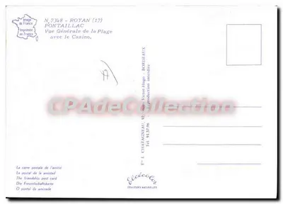 Pontaillac — Vista Geral da Praia com o Casino — Impressa na França, n° 7348 — Verso