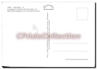 Royan - Plaża i basen Foncillon — Pałac Kongresów i Wieża Foncillon — Wydawca Elcécœur — Rewers
