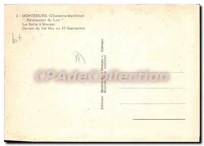 Montendre (Charente-Maritime) — 'Restauracja na jeziorze' — Sala do jedzenia — Wydawnictwo Modernes & Théodes — Rewers