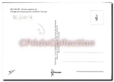 Lozari (Córsega) — Diversos aspectos do Village de Vacances — Edições 'LA CIGOGNE' 20178 Ajaccio — Verso
