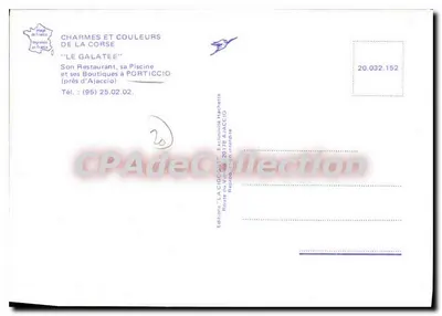 O Galatée — Restaurante, piscina e lojas em Porticcio (próximo a Ajaccio) — Edições 'La Côte Corse' n°20.032.152 — Verso