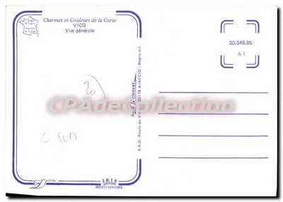 Vico — Ogólny widok — Czarne i kolory Korsyki, wydane przez S.A.D. Route du Vittorio, 20178 Ajaccio — Rewers