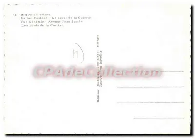 Brive — vista geral, rua Toulzac, canal da Guiérie, avenida Jean Jaurès, margens da Corrèze — Éditions Théolaz, Limoges — Verso