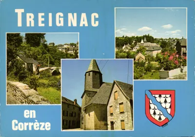 Treignac na Corrèze — vista panorâmica e igreja — editor Hachette Vichy