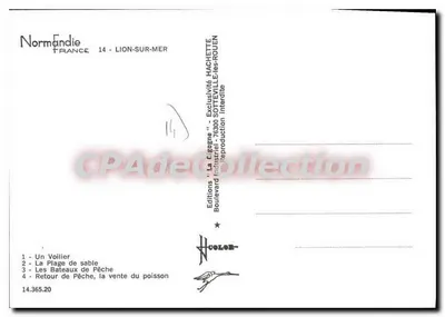 Lion-sur-Mer — vista de la playa, veleros y pescadores — Ediciones 'La Cigogne' Hachette — Reverso