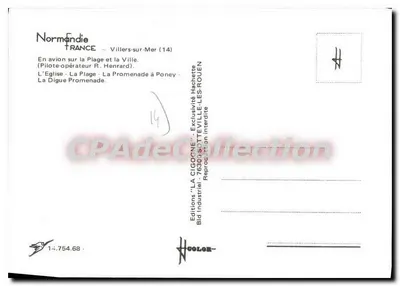 Villers-sur-Mer — vista aérea, praia, igreja, carruagem, cais — Éditions La Cigogne — Verso