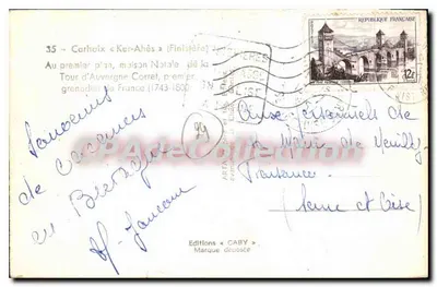 Bilhete postal antigo Carhoix Ker Ahes Maison Natale da torre de Auvergne Corret primeiro grenandier da França 1743-18 — Verso