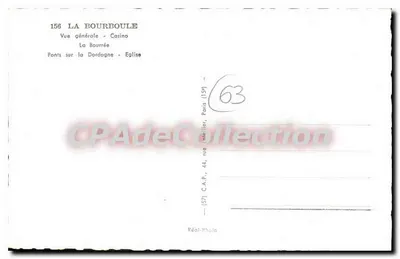 La Bourboule — Vue générale, Casino, Ponts sur la Dordogne, Église — Stara pocztówka Paris — Rewers