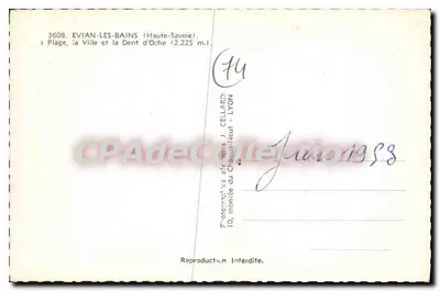 Évian-les-Bains — Praia, a Cidade e a Dent d'Oche (2.225 m.) — J. Cellard, Lyon — Verso