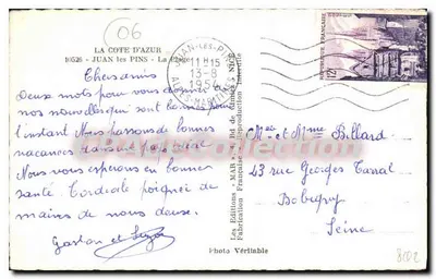 Vista de Juan-les-Pins — praia e veleiros — Edições MAR em Juan-les-Pins, n°06 — Verso