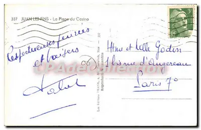 Juan-les-Pins — A Praia do Casino — Edições FRANK, 2, Av. Tzarwich, Nice — n° 337 — Verso