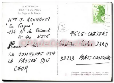 Strand van Juan-les-Pins — uitzicht op de pijnbomen — Francolor Edities, serie P.C.R. 3 — Achterkant