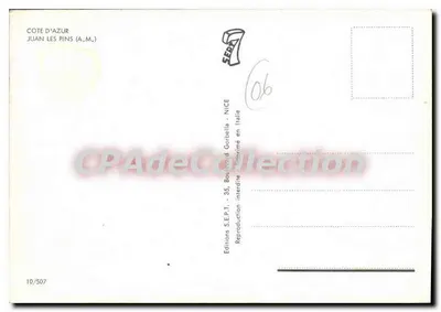 Juan-les-Pins — vista panorâmica e jardim — Souvenir de Juan les Pins, Éditions S.E.P.T. — Verso
