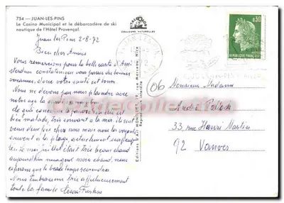 Juan-les-Pins — O Casino Municipal e o cais de esqui náutico do Hotel Provençal — Edições Talbot, n° 754 — Verso