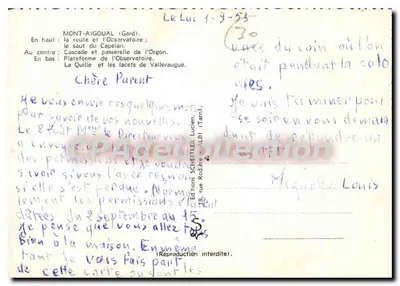Mont-Aigoual — Pamiątka z Mont-Aigoual — Wydawnictwo Schreitler, nr 30 — Rewers