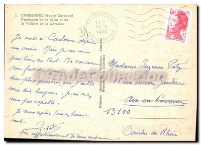 Carbonne (Haute-Garonne) — Panorama da cidade e da Vale da Garonne — Edições Modernas, Limoges — Verso