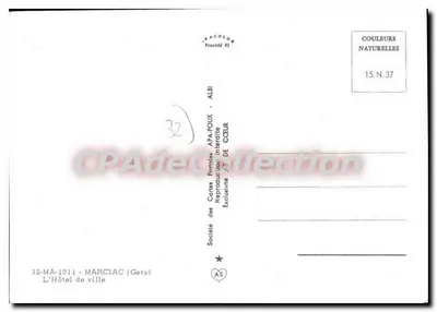 Prefeitura — Marciac (Gers) — Sociedade das Cartas Postais APA-POUX, Albi — Verso