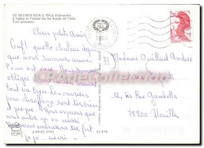 Saint-Seurin-sur-l'Isle (Gironde) — Katedra i fabryka na brzegach rzeki Isle. Widok z powietrza. — Rewers