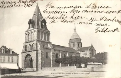 Igreja de Bénévent-l'Abbaye (Creuse) — vista do edifício com seu campanário e seu domo — editor A. de Nusgac, Guérat