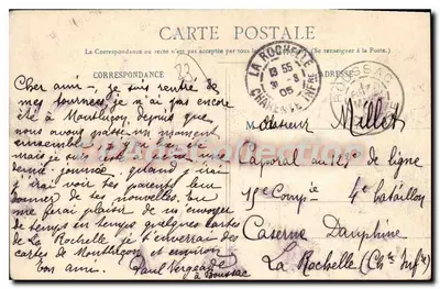 Zamek w Boussac (Creuse) — widok zamku i mostu kamienianego — A. de Nussac, wyd., Guéret — Rewers