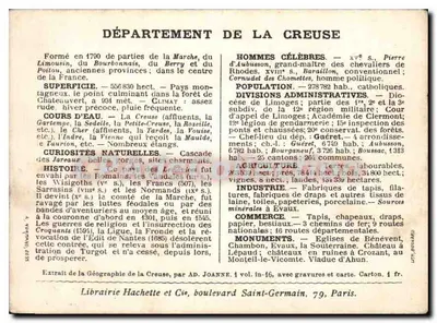 Départament Creuse — mapa geograficzna i historyczna — Librairie Hachette et Cie — Rewers