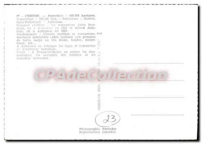 La Creuse Turística — Carta postal turística ilustrando os sites e especialidades da Creuse, editada por Comlier Imp. MACON — Verso