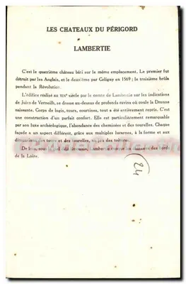 Os Castelos do Périgord — Castelo de Lambertie — Coleção da Solution Pauvaberte, 9ª Série — Verso