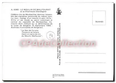 Młyn Malfourat — jego Chartreuse i winnica — Wydawca: Pierre Artaud & Cie, Saint-Herblain — Rewers
