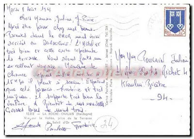 Widok na dolinę z tarasu Słońca Złotego — La Roche-Chalais (Dordogne) — Karty pocztowe A. GILBERT, Jarnac — Rewers
