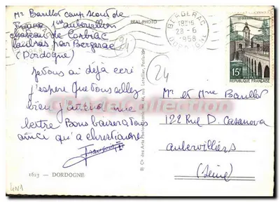 Dordogne — Colagem de vistas de Périgueux, Brantôme, Nontron, Sarlat, Les Eyzies, Bergerac, Montignac — editor Cie des Arts Photographiques — Verso
