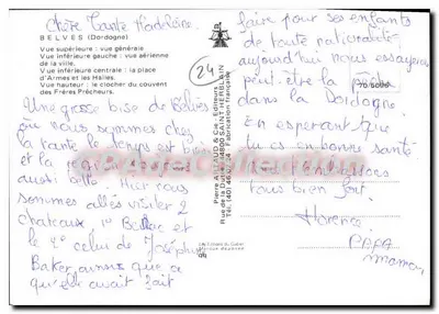 Belvès — vista aérea, praça das Halles, campanário do convento — editor Pierre AUD & Cie, n° 24 — Verso