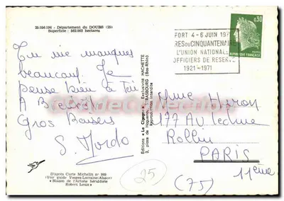 Doubs — Karta turystyczna z widokiem na Besançon, Maîche, Montbéliard, Viller-le-lac, Baume-les-Dames — Wydawnictwo Hachette — Rewers