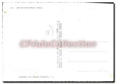 Bigny-Vallenaÿ (Cher) — vista panorâmica com brasão, igreja, torre, rua, castelo e carta postal — editor CIM, n°18 — Verso