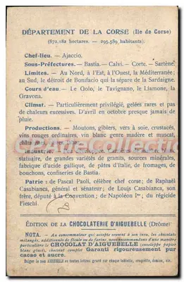 Córsega — Carta dos Departamentos — Edição da Chocolaterie d'Aiguebelle — Verso
