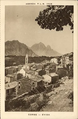 Córsega — Evisa — vista do vilarejo com igreja e montanhas — Agenda P.L.M. 1928