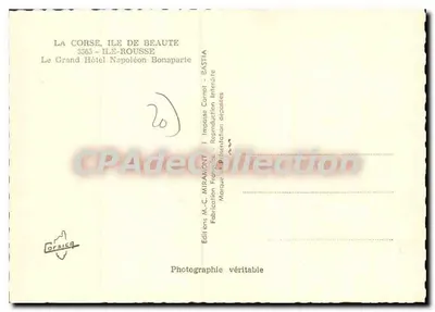Wyspa Rousse — Korsyka — Hotel Napoléon — Wydanie M.C. Miramont, Bastia — Rewers