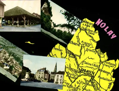 Nolay — Carta postal panorâmica com vista do mercado coberto, do castelo e do mapa geográfico — Éditions Nivernaises, n°62