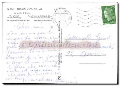 Mimizan-Plage — widok z lotu, plaża, kościoł — Wydawca: Éd. Coquelets Naturelles, N° 3061 — Rewers