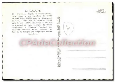 A Sologne — Carte postal turística com mapa e fotos — Éditions Valoïe, Blois — Verso