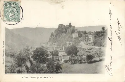 Cornillon, perto de Firminy — vista do vilarejo e do castelo sobre rochedo — Giroud, Livraria, Firminy