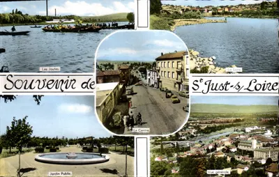 Saint-Just-sur-Loire — Lembrete de — Vista geral, O Centro, Jardim Público, As Joutes, A Loire — editor ROMACOLOR, n° 1816