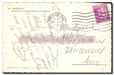 La Corniche widziana z Ogródka Rezerwatu — Marsylia — Wydawnictwo Marsylia, nr 196 — Rewers