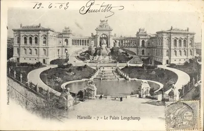Marseille - Cung điện Longchamp — cảnh quan vườn và đài phun nước — Phototype E. Lagour