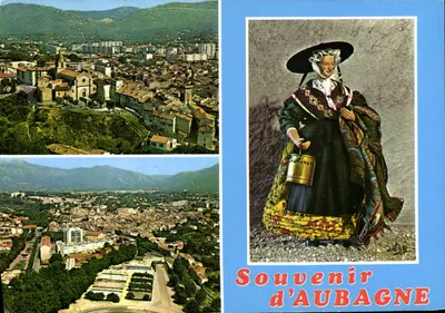 Aubagne — vista aérea e mulher com traje local — Souvenir d'Aubagne, editor Jolis Coins de Provence, n° 150