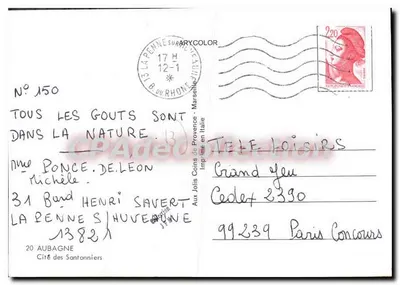 Aubagne — vista aérea e mulher com traje local — Souvenir d'Aubagne, editor Jolis Coins de Provence, n° 150 — Verso