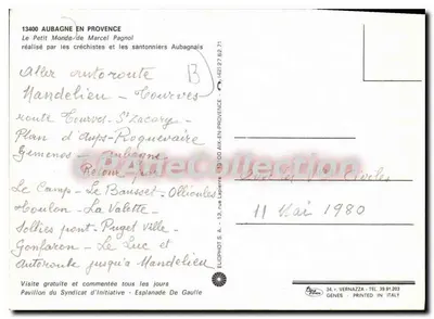 Bilhete postal semimoderno Aubagne na Provência Le Petit Monde de Marcel Pagnol realizado pelos crechistas e santonniers de Aubagne — Verso