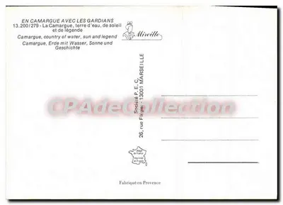 La Camargue — krajobraz, konie, zamek, kobieta w stroju narodowym — Spółka P.E.C. Marsylia — Rewers