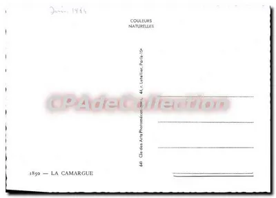 La Camargue — ilustrowana kartka pocztowa z fotografiami krajobrazów i kobiety w lokalnym stroju — wydawca Cie des Arts Photographiques, Paryż — Rewers