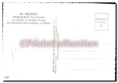 Półnowoczesna pocztówka W Prowansji Arles B du R Widok z powietrza Les Arenes Teatr Starożytny Katedra Świętego Trofima — Rewers